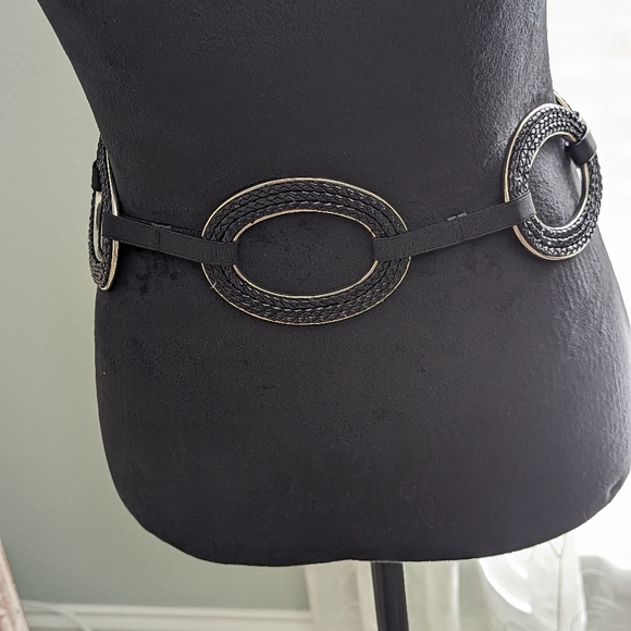 Black Oval Link With Braided Leather Women's Belt Vintage - Picture 4 of 8